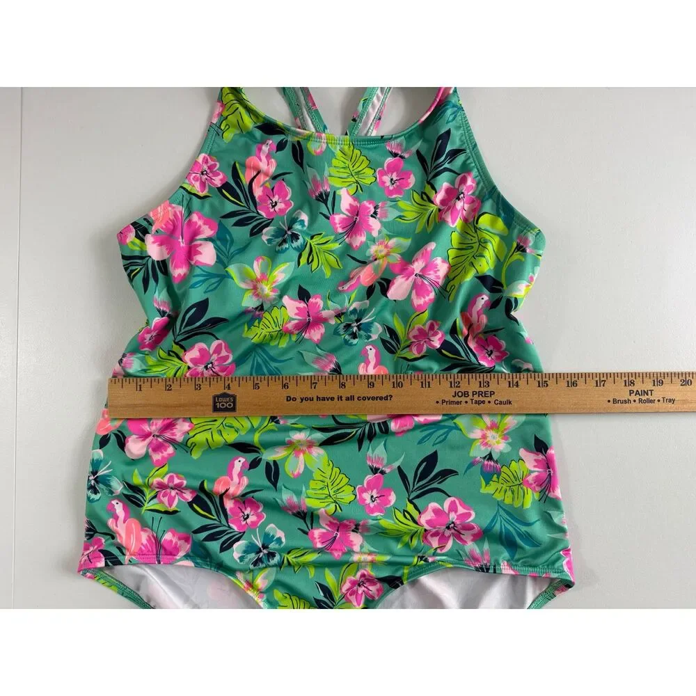 Lands' End Girls 16+ Tropical Floral One Piece Swimsuit Cross Back Teal Pink
